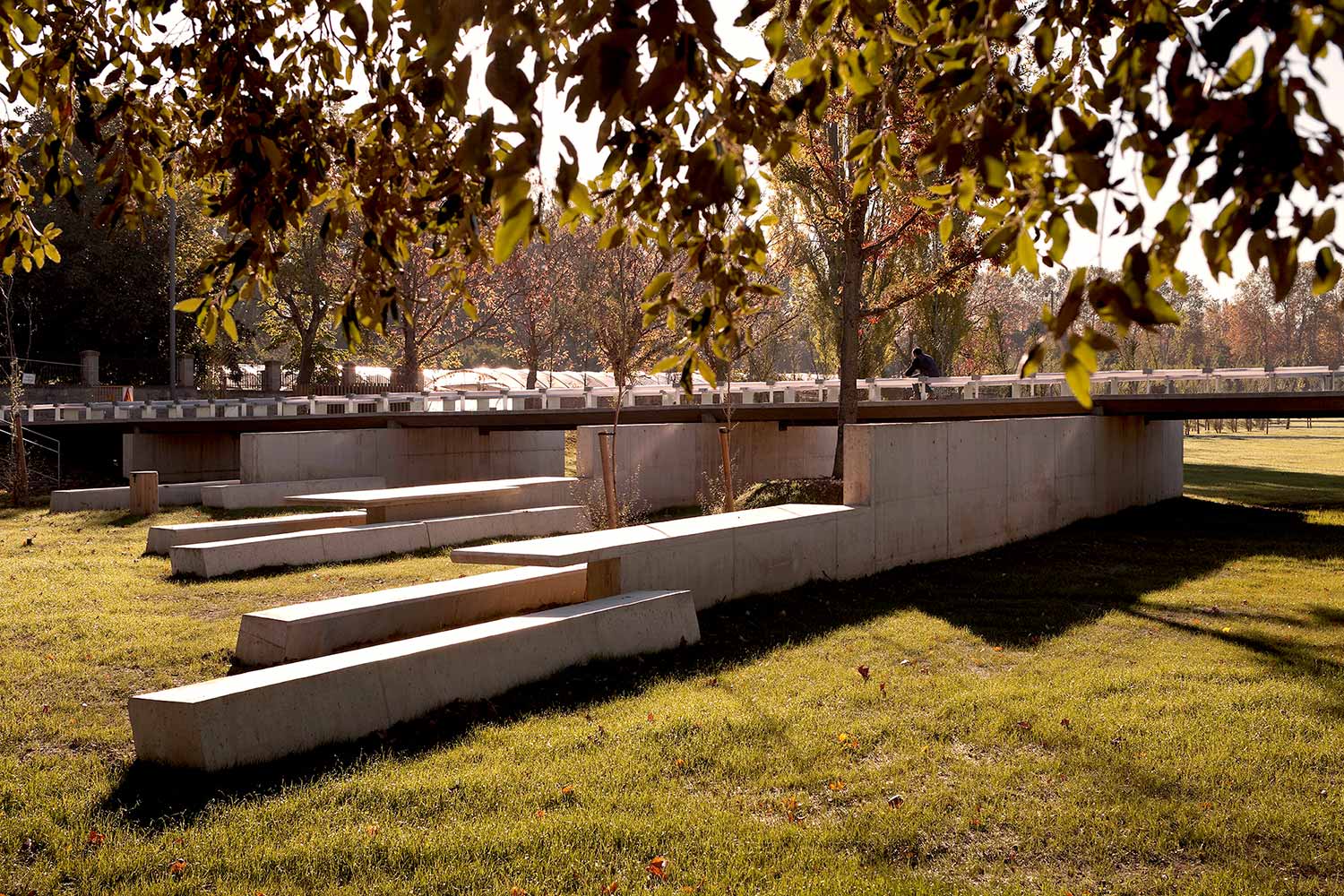 Alday’s Aranzadi Park includes a “floodable forest” with a raised walkway near permanent tables and seating.