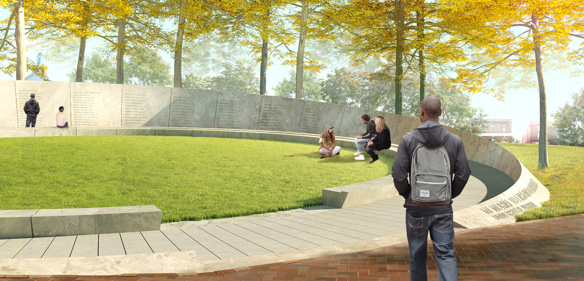 The memorial design features a circular stone wall, open at one section, which rises from the open green area northeast of the Rotunda. 