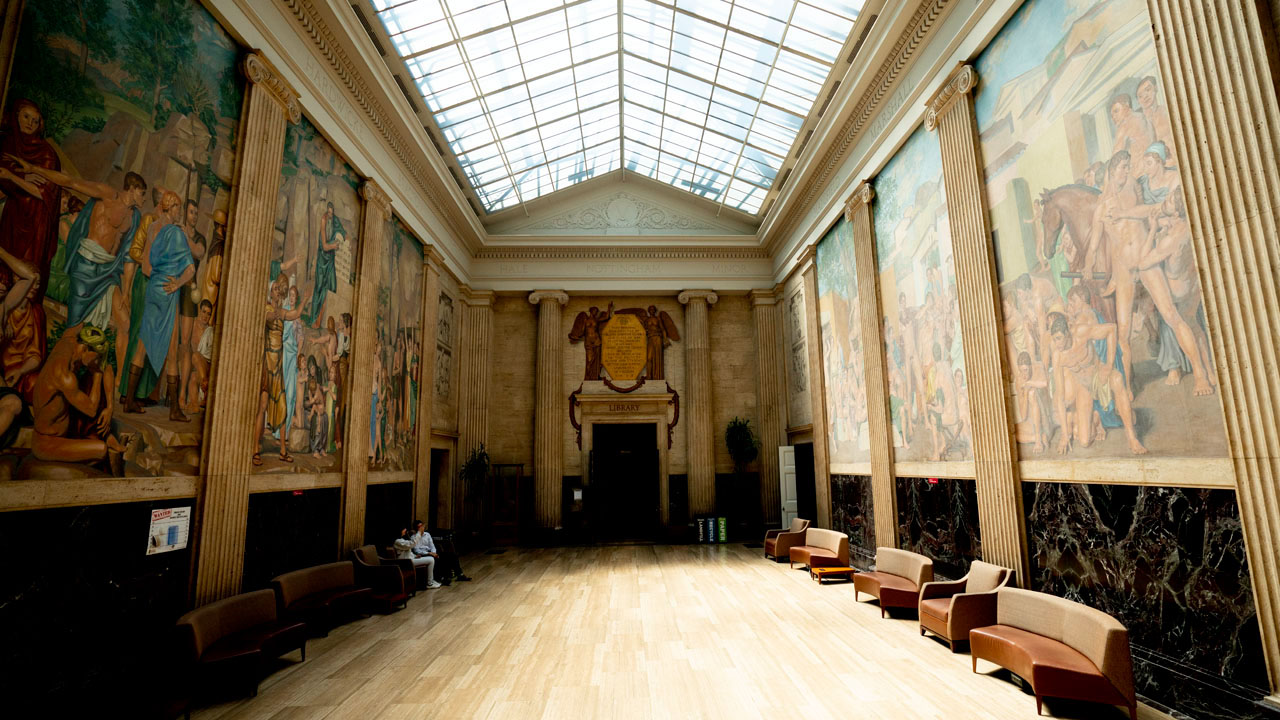 Clark hall's hallway that has floor to ceiling painted walls