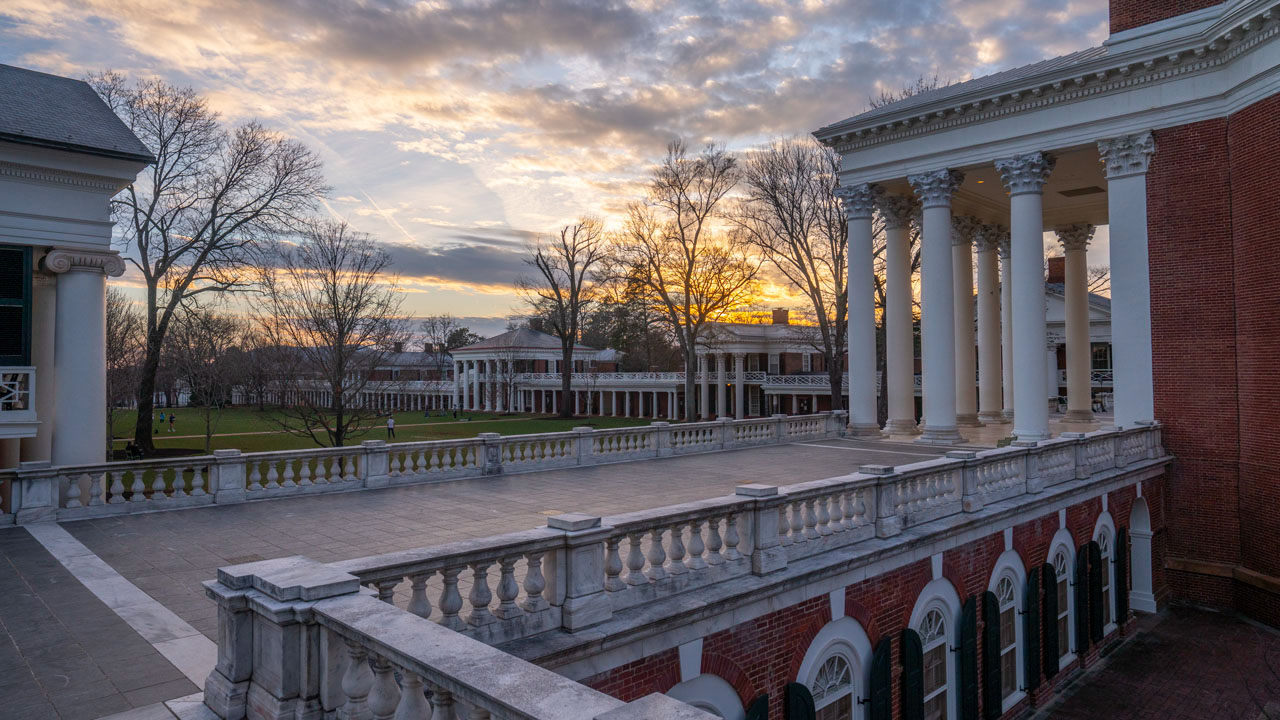 Looking at the Lawn from the walkway on the Rotunda as the sun sets