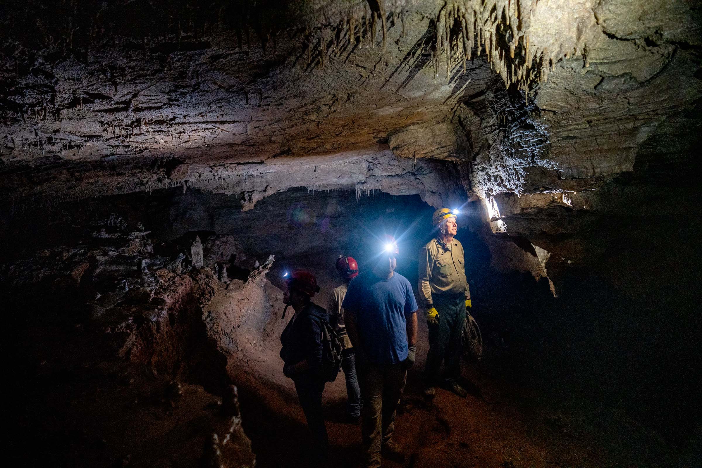 Group of people in a cave looking at the cave ceiling with head lamps