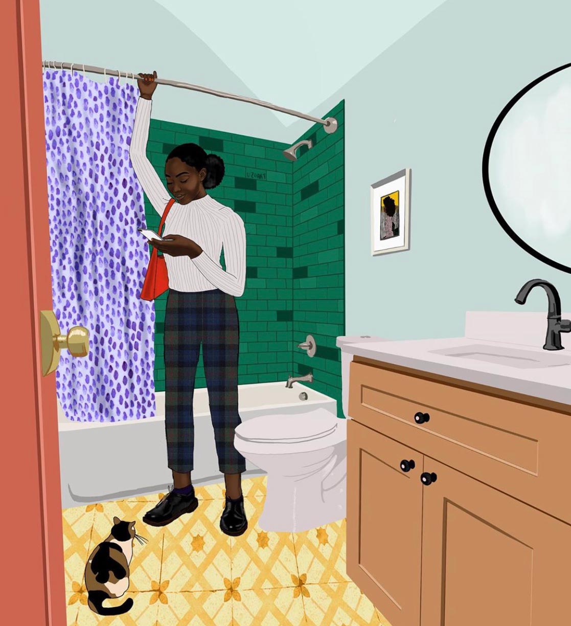 Illustration of a woman in the bathroom looking at their cell phone while standing holding the shower curtain