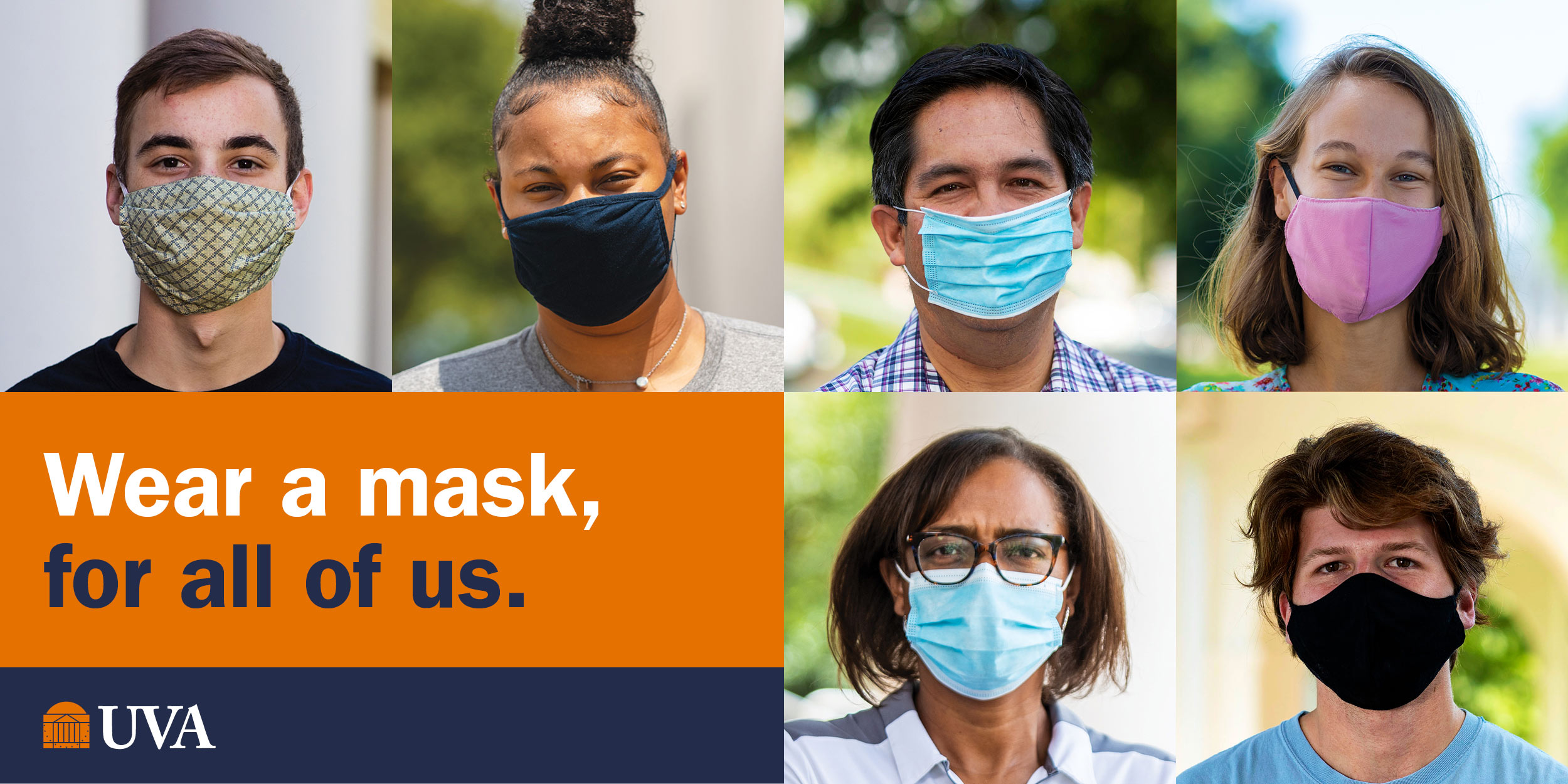 Various team member headshots with the text: Wear a mask, for all of us. UVA.