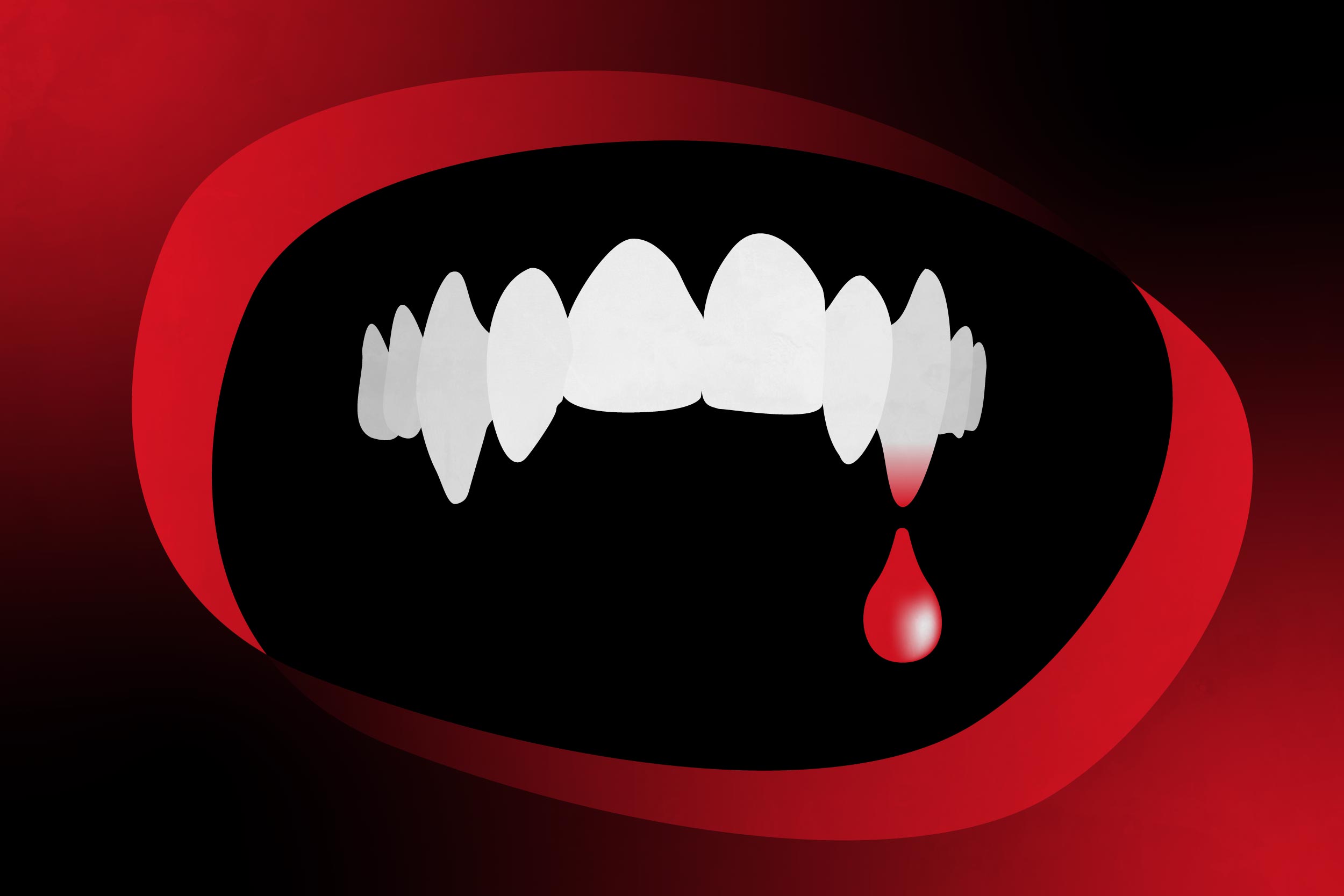 Vampire teeth with blood droplet falling from teeth
