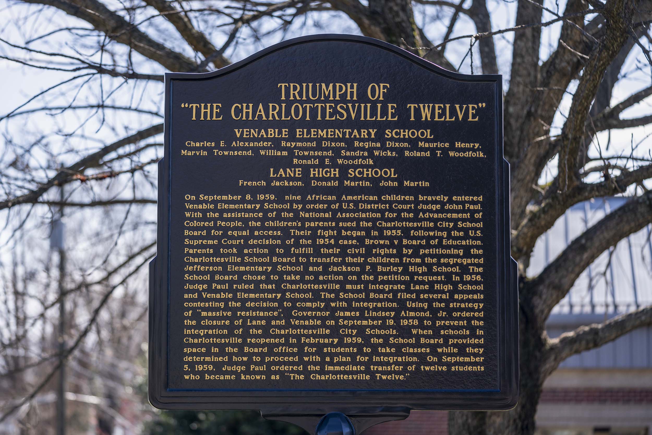 Historical sign that reads: Triumph of the Charlottesville Twelve, Venable Elementary School