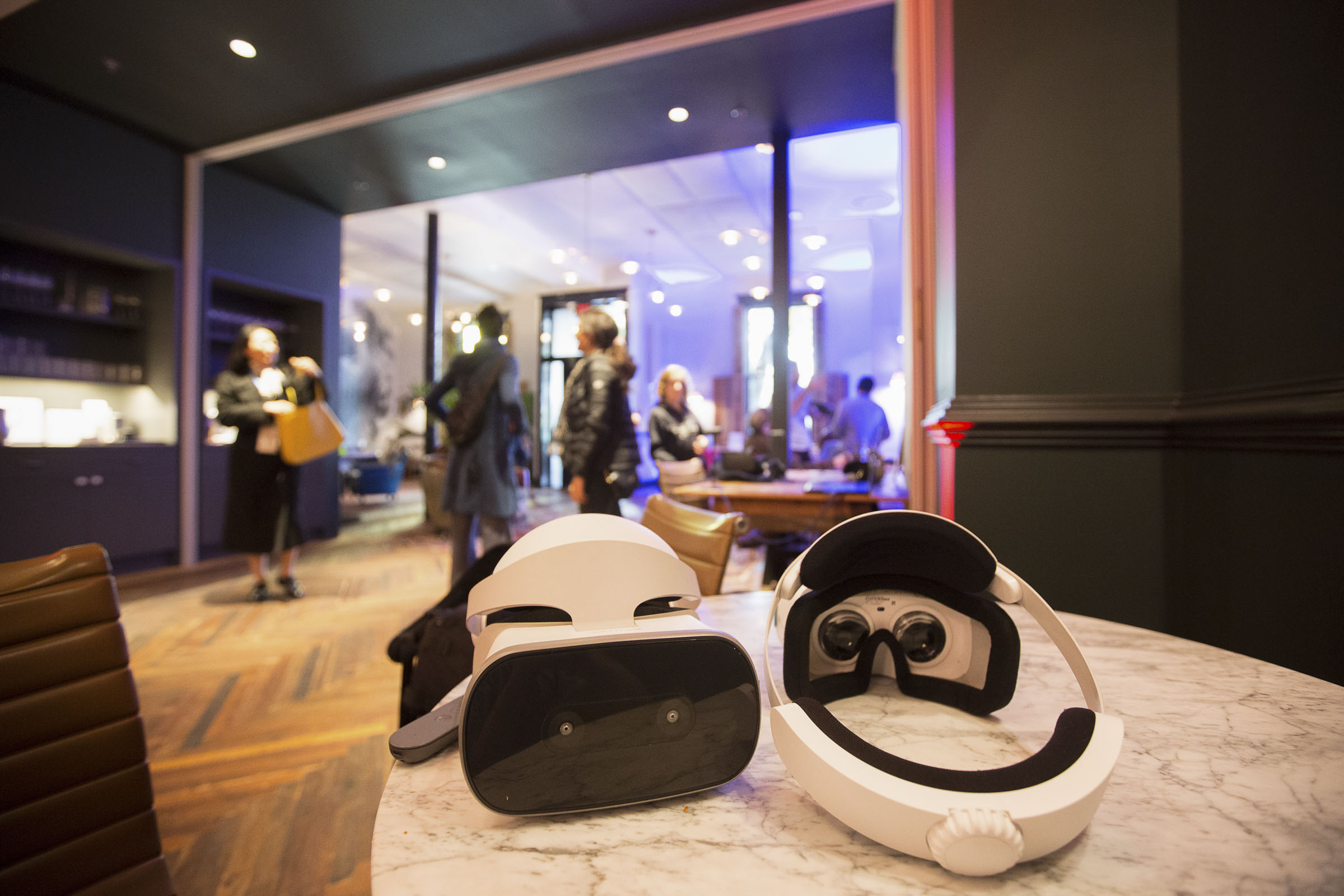 VR headsets sitting on a table