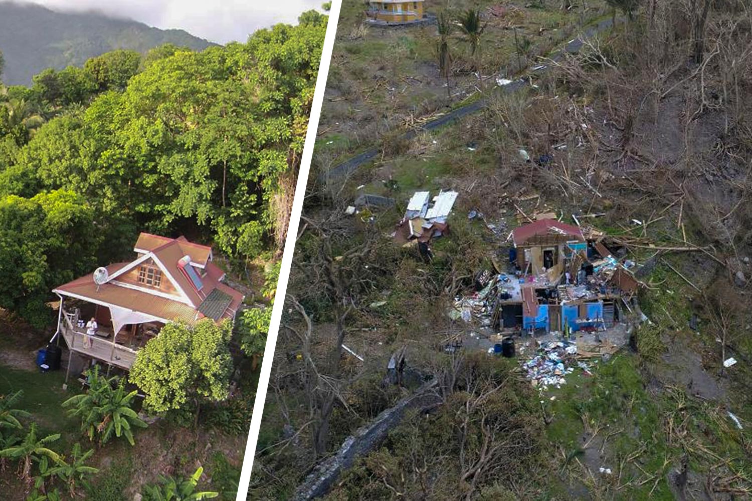 Left: home in the village of Soufriere before Hurrican Maria Right: home in the village of Soufriere after Hurrican Maria