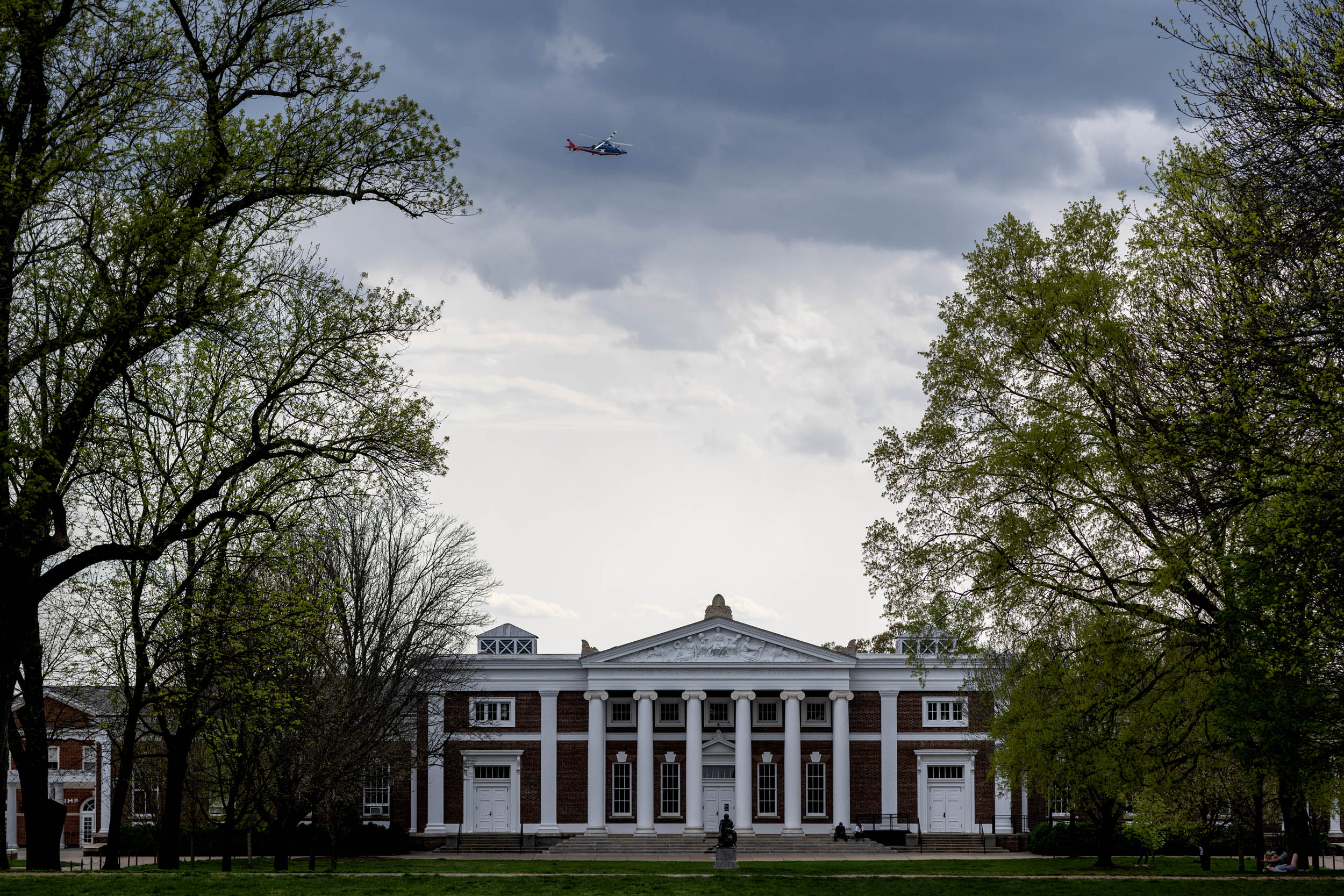 Pegasus flying over a UVA building