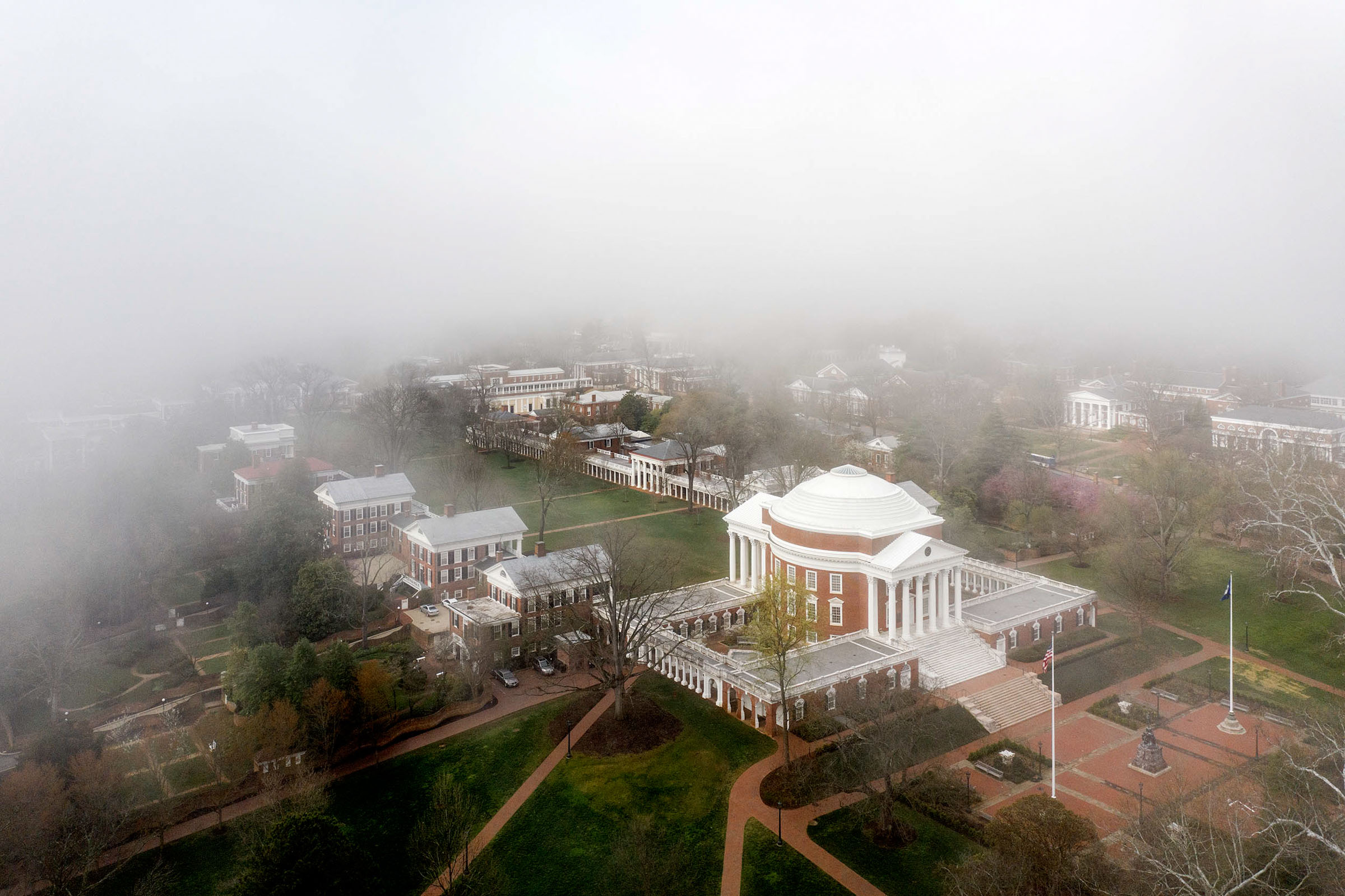 Aerial view of the Rotunda and the Lawn on a foggy morning