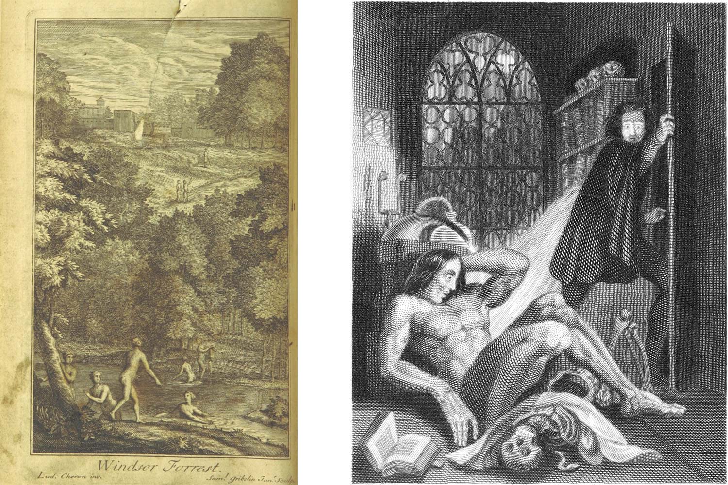 An engraving of Windsor Forest, left, and the first depiction of 'the Creature' by Theodore von Holst, right