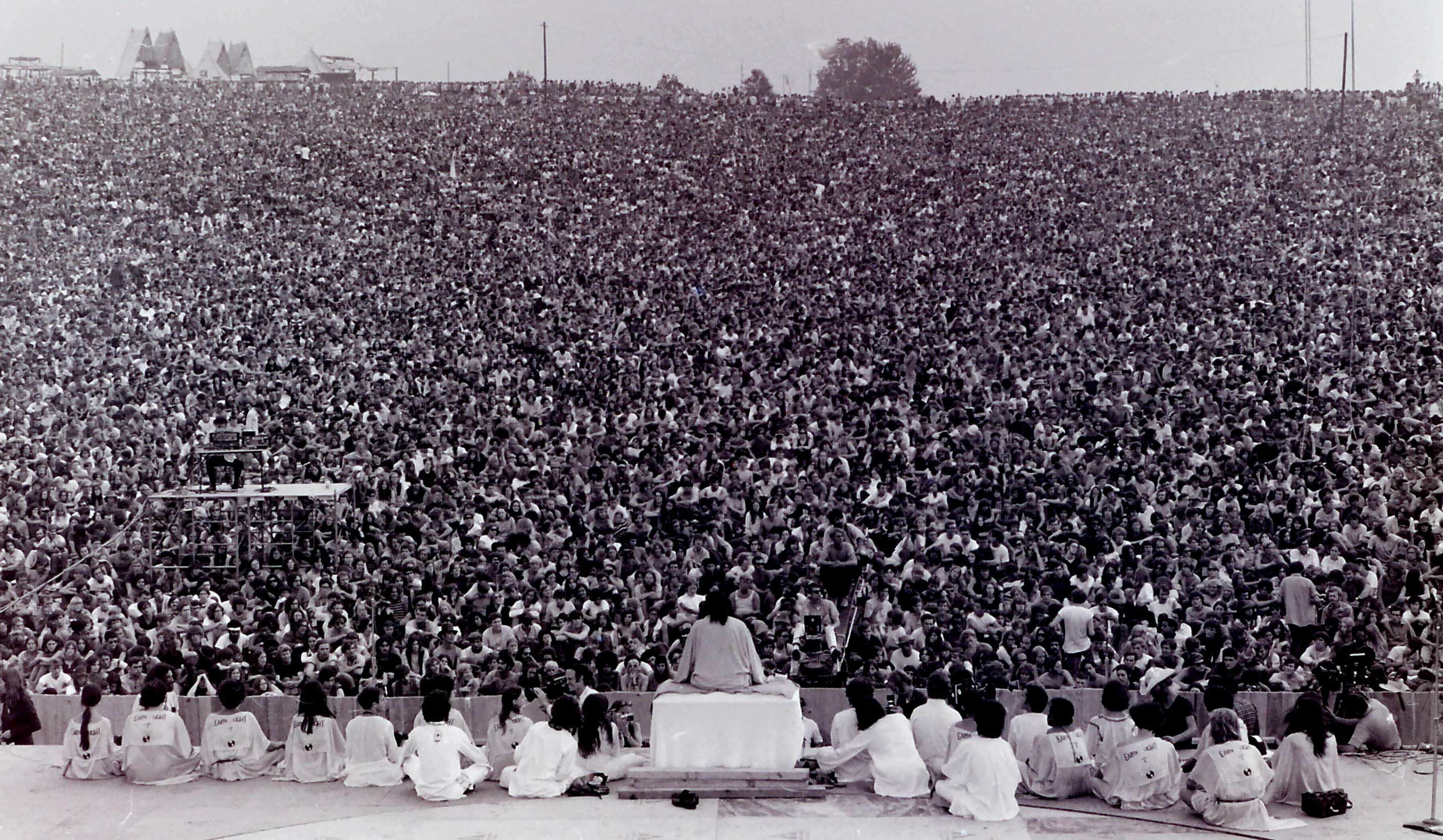 Black and white image of swami at Woodstock