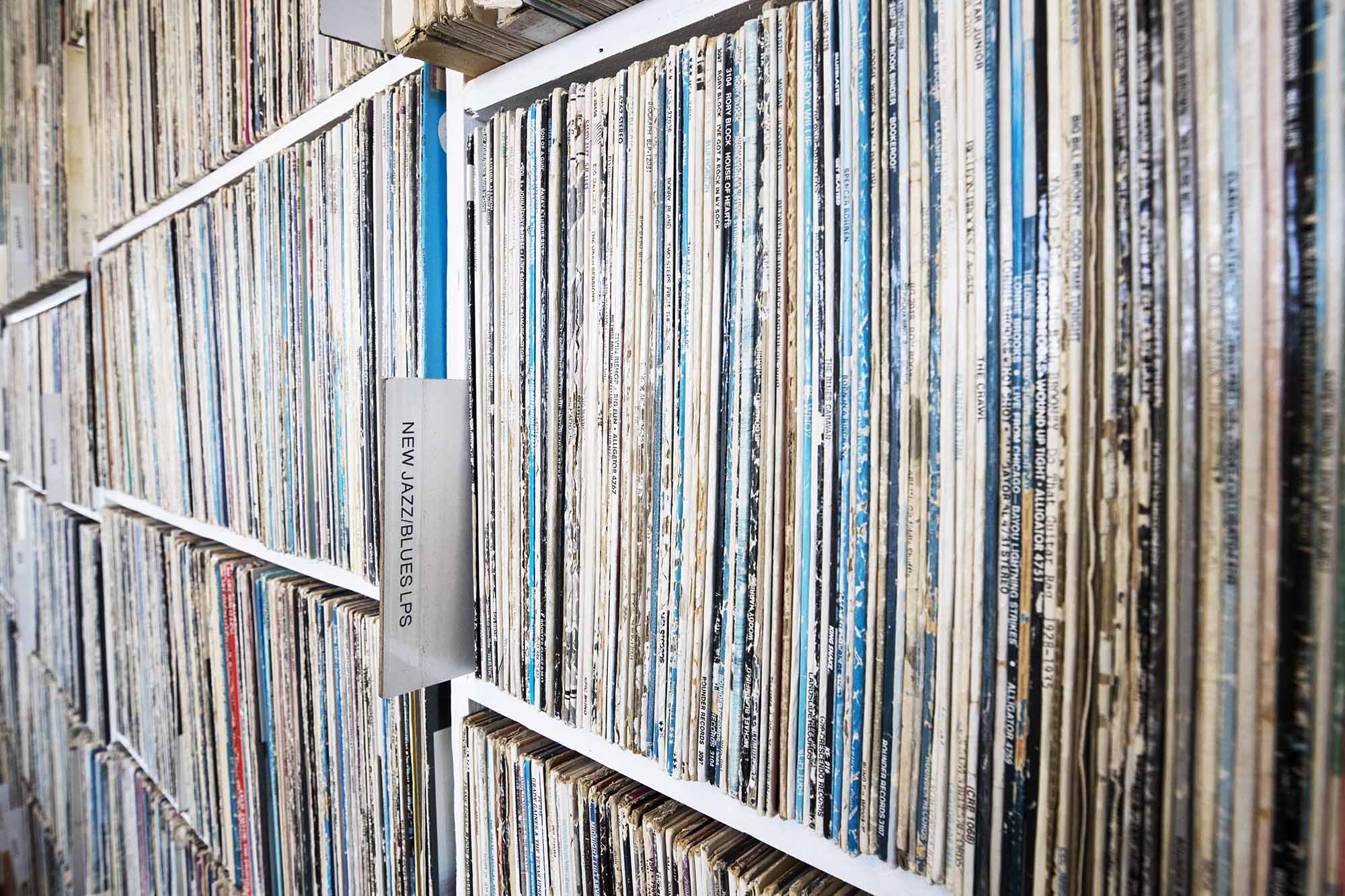 bookshelves filled with Vinyl records