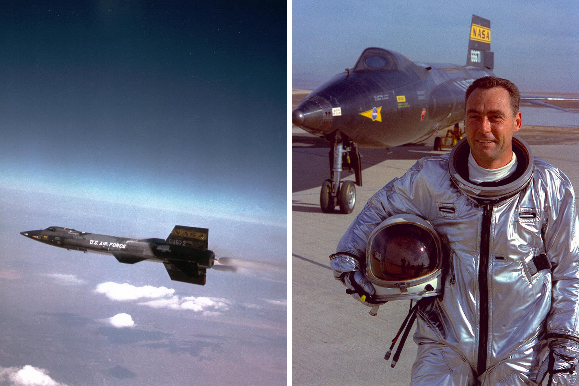 Left:  US AIR Force Plane during a test flight that went Mach 6.7 Right: Then Major William John 'Pete' Knight standing in front of his aircraft that went Mach 6.7