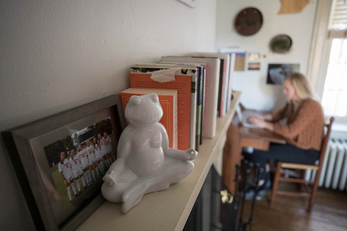 Morses bookshelf and in her room studying