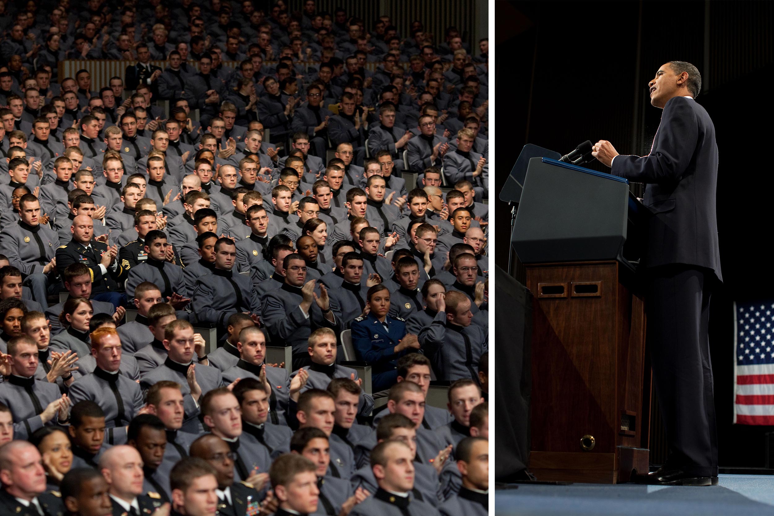 Left: Military sitting in a theatre clapping. Right: President Barack Obama speaking at a podium