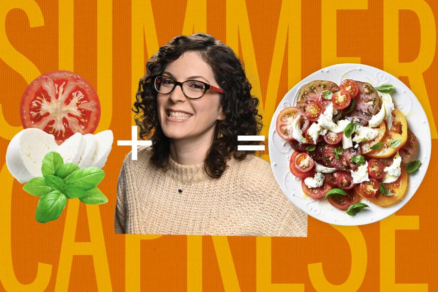 A graphic illustration of Becky Krystal with some ingredients to equal a yummy summer caprese dish
